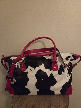 CAVALCANTI Black White Calf‎ Hair Cow Print Red Italian Leather X-Large Tote Bag